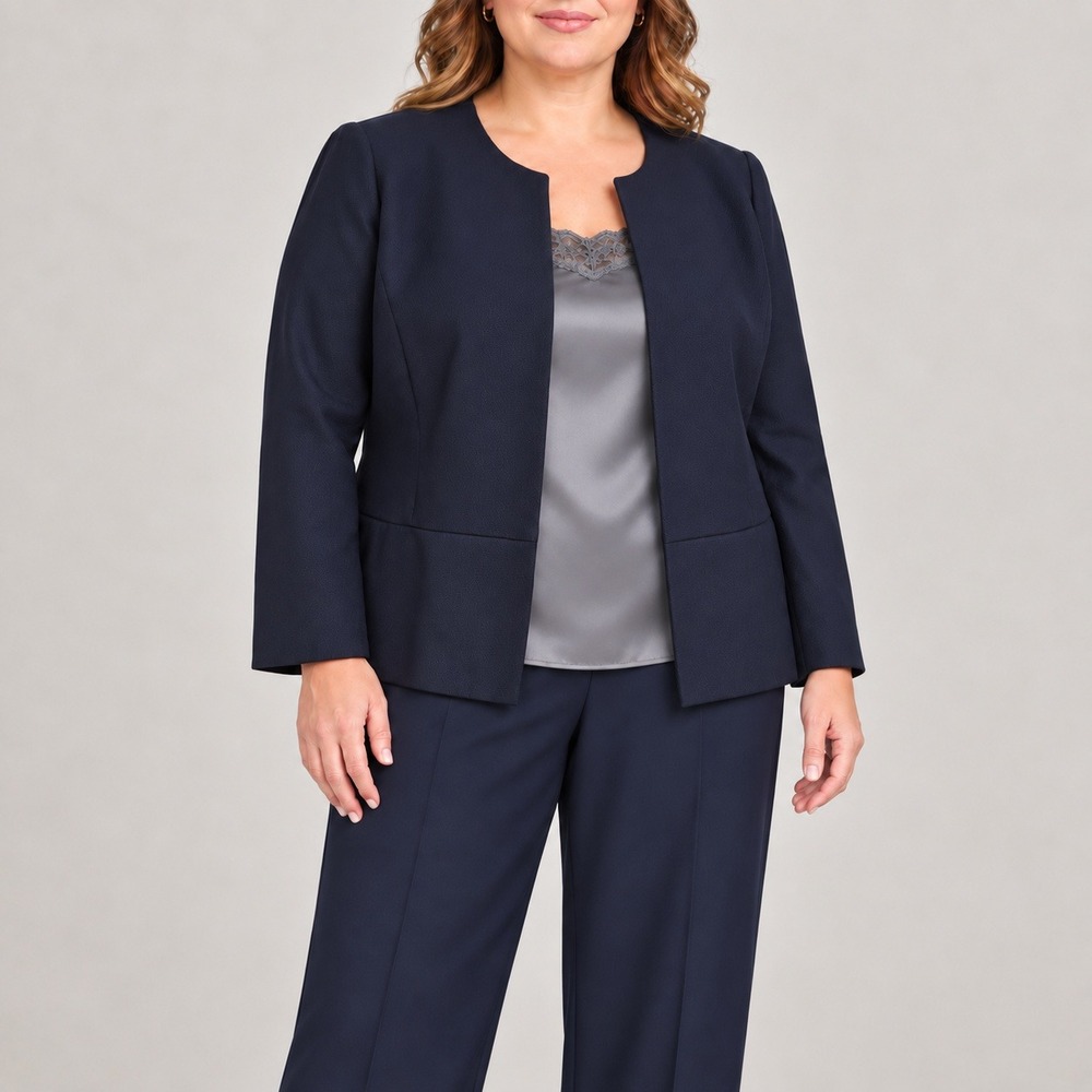 Talbots Collarless Open Front Jacket Navy Blue Basketweave Textured 14R Workwear